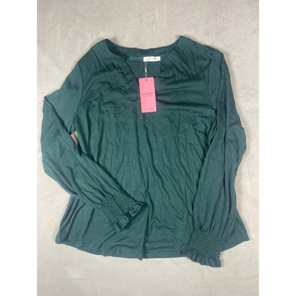 Luckymore Womens XL Forest Green Split V-Neck Smocked Ruffle Cuff Blouse NWT